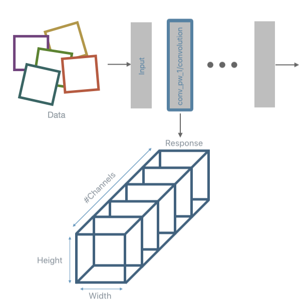 Illustration of intermediate network layers, which could consist of a number of channels, height, and width.