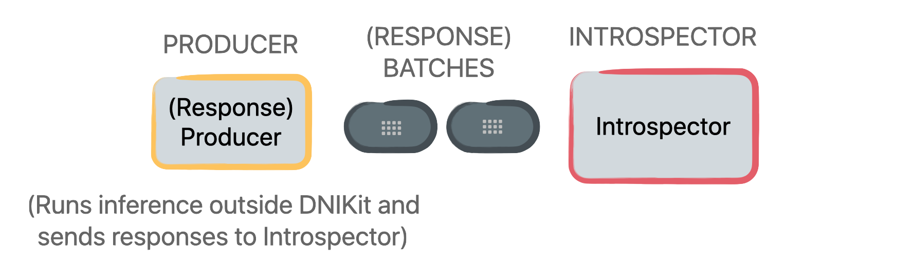 A picture of a DeepView pipeline where the Producer does not produce data, but rather model responses. Inference is run outside of DeepView, and then via the Producer, the model responses are consumed directly by the Introspector.